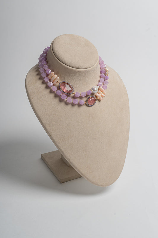 SICYLUI - PINK CORAL AND ROSE QUARTZ LONG NECKLACE WITH PEARLS