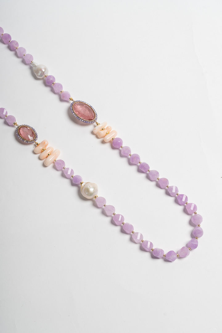 SICYLUI - COLLANA LUNGA CORALLO ROSA E CRISTALLO DI ROCCA ROSA CON PERLE