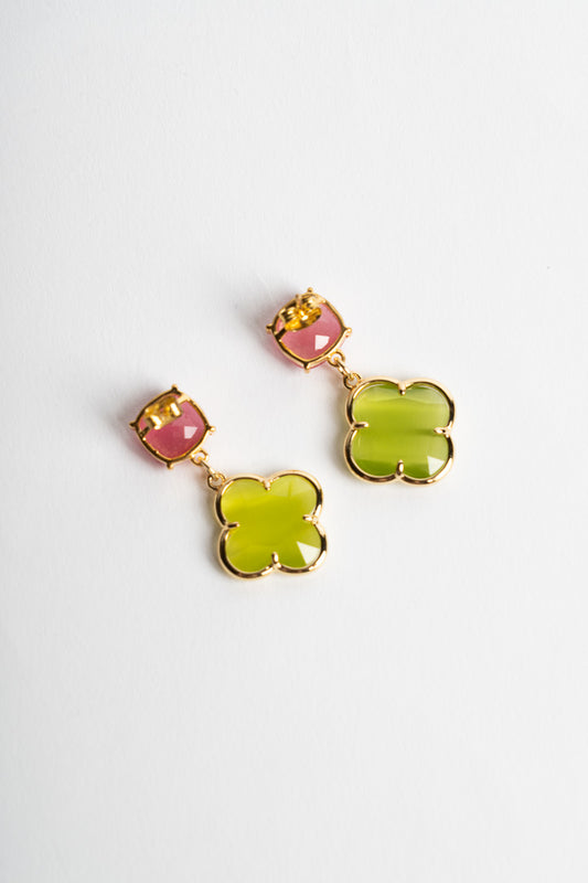 SICYLUI - CLOVER EARRINGS WITH PINK AND GREEN CRYSTALS