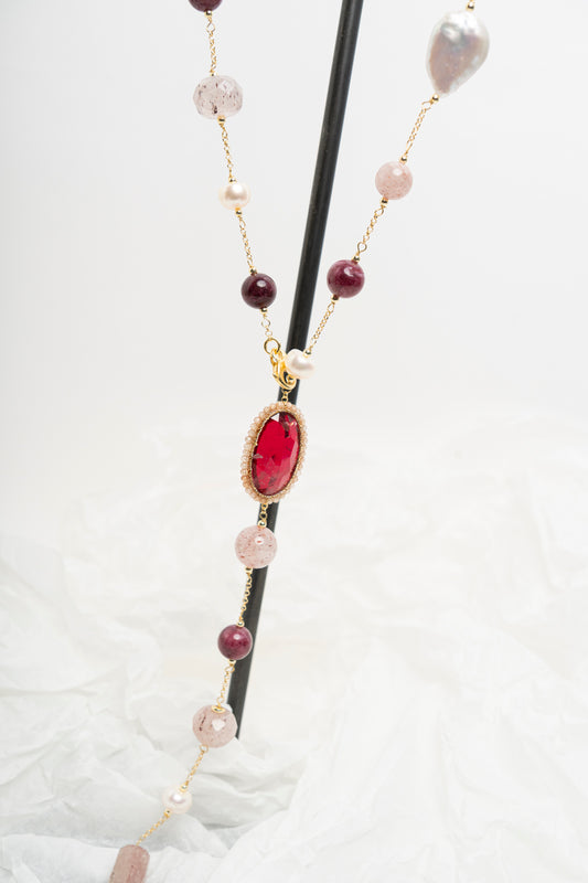 SICYLUI - COLLANA CHANEL PERLE E ZIRCONE ROSSO RUBINO