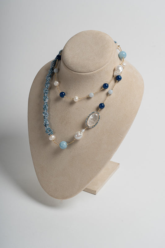 SICYLUI - COLLANA LUNGA AGATA AZZURRA E CRISTALLO DI ROCCA BIANCO