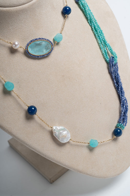 SICYLUI - COLLANA LUNGA CRISTALLO DI ROCCA VERDE MARE, PERLE E ZIRCONII