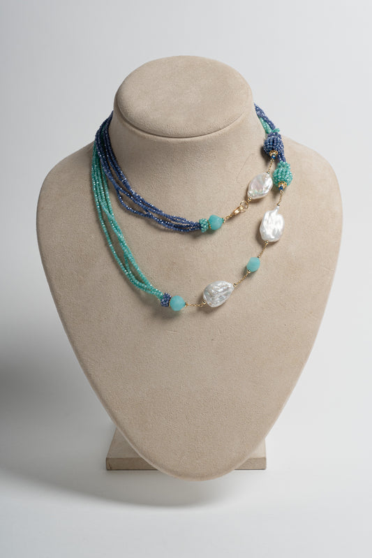 SICYLUI - COLLANA CON ZIRCONI BLU E TURCHESI E PERLE SCARAMAZZE