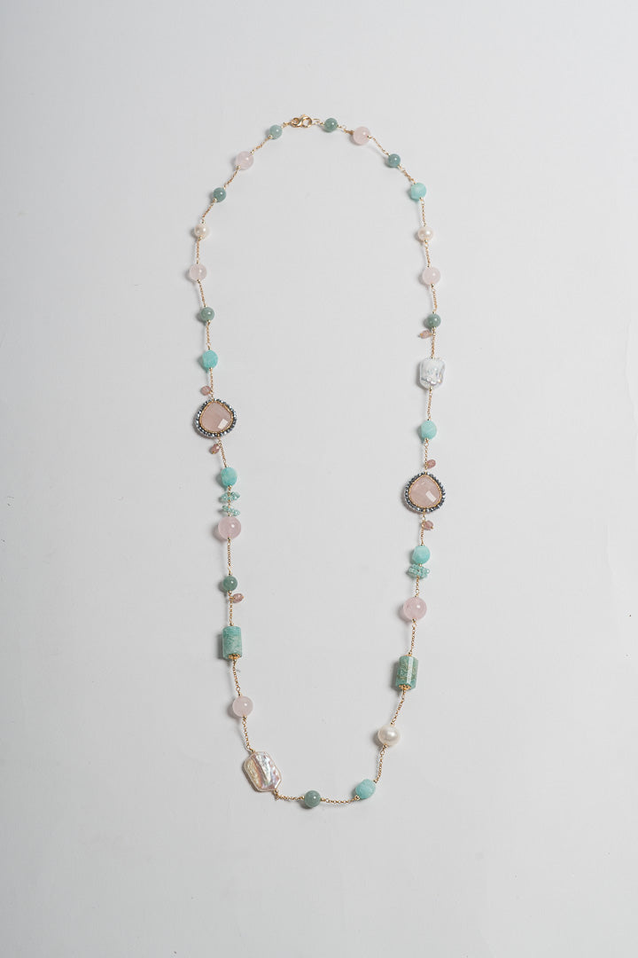 SICYLUI - LONG NECKLACE WITH AMAZONITE AND ROSE QUARTZ