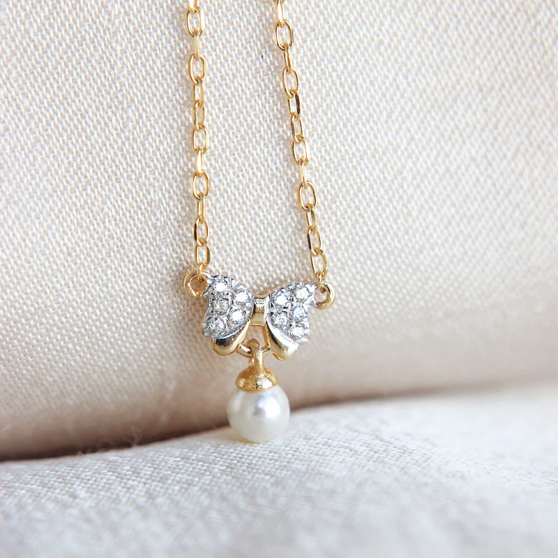 COLLANA GIROCOLLO ARGENTO DORATO FIOCCO PAVE' ZIRCONI E PERLA PENDENTE
