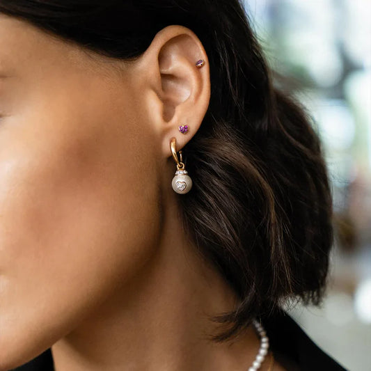 ORECCHINO PIERCING ARGENTO DORATO CUORE CON ZIRCONI ROSSI