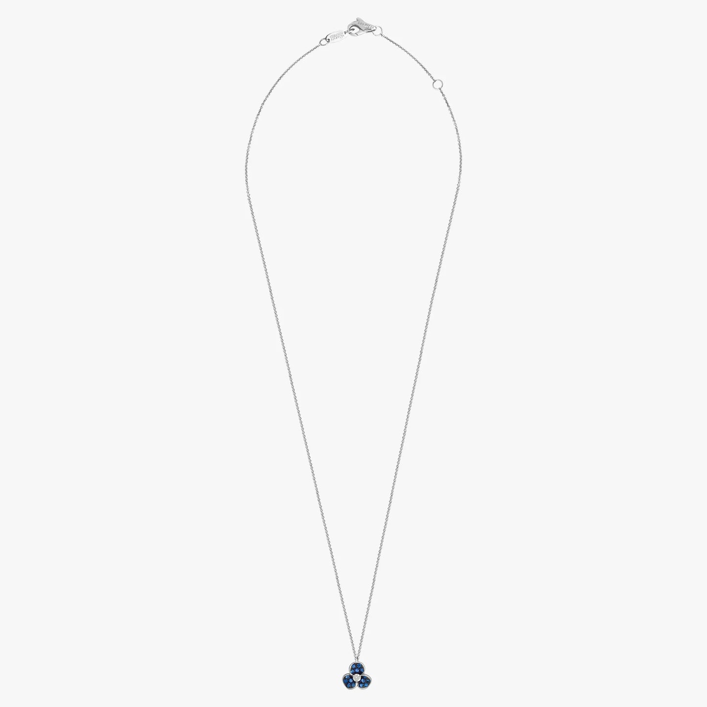 COLLANA CON PENDENTE TRIFOGLIO ORO BIANCO DIAMANTI E ZAFFIRI