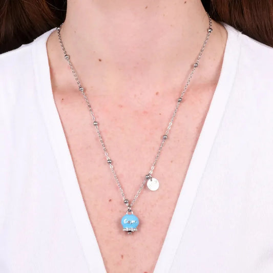 AMO CAPRI - COLLANA IN ACCIAIO CAMPANELLA TIURCHESE SCRITTA CAPRI CON CRISTALLI