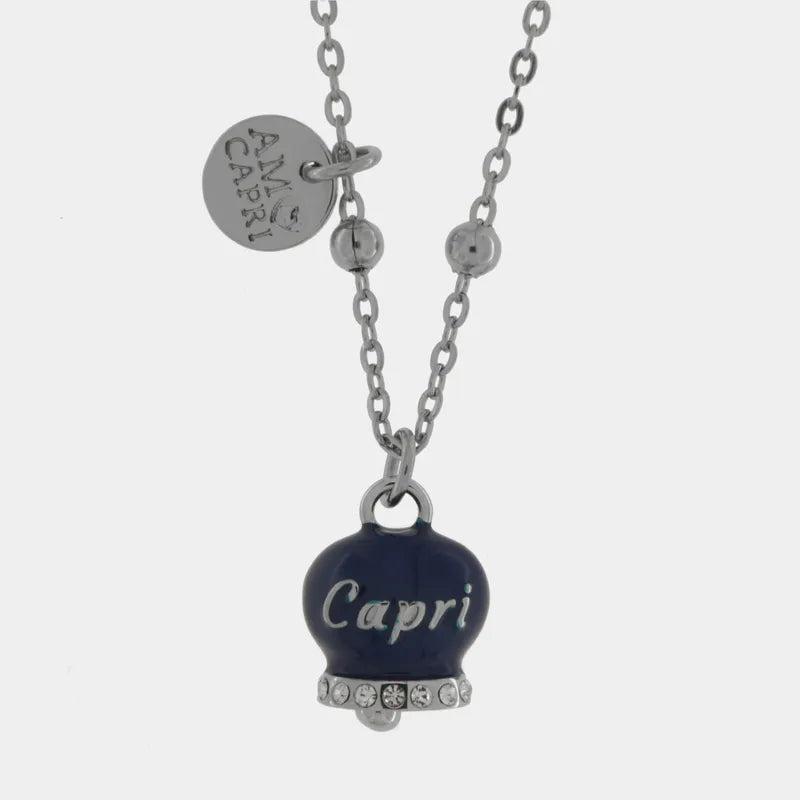 AMO CAPRI - COLLANA IN METALLO RODIO CAMPANELLA BLU SCRITTA CAPRI CON CRISTALLI
