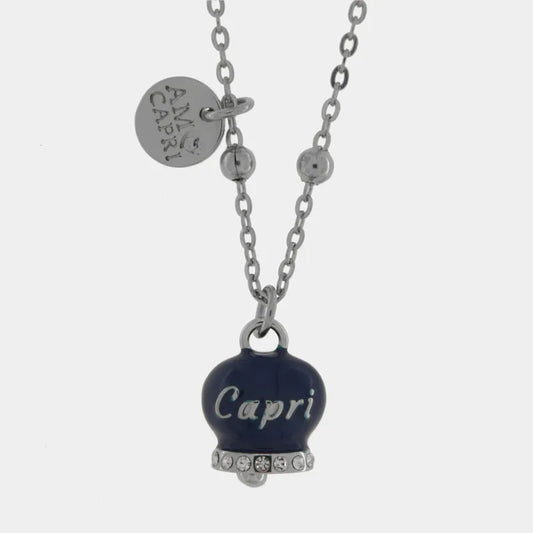 AMO CAPRI - COLLANA IN METALLO RODIO CAMPANELLA BLU SCRITTA CAPRI CON CRISTALLI