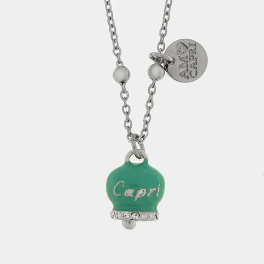 AMO CAPRI - COLLANA IN ACCIAIO CAMPANELLA TIFFANY SCRITTA CAPRI CON CRISTALLI