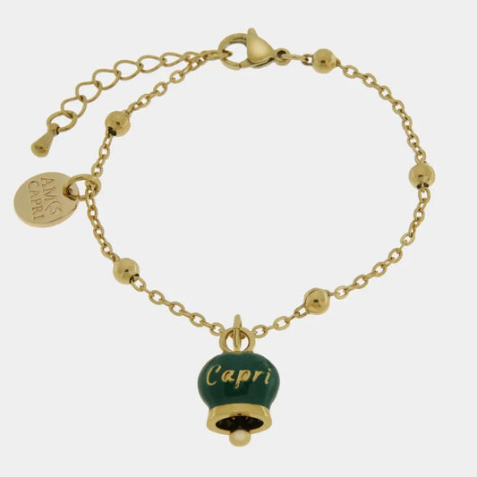 AMO CAPRI - BRACCIALE IN ACCIAIO DORATO CON CAMPANELLA PICCOLA VERDE SCRITTA CAPRI