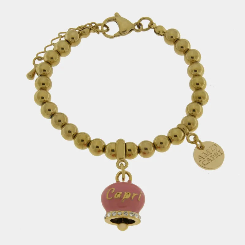AMO CAPRI - BRACCIALE IN ACCIAIO DORATO CON CAMPANELLA ROSA SCRITTA CAPRI