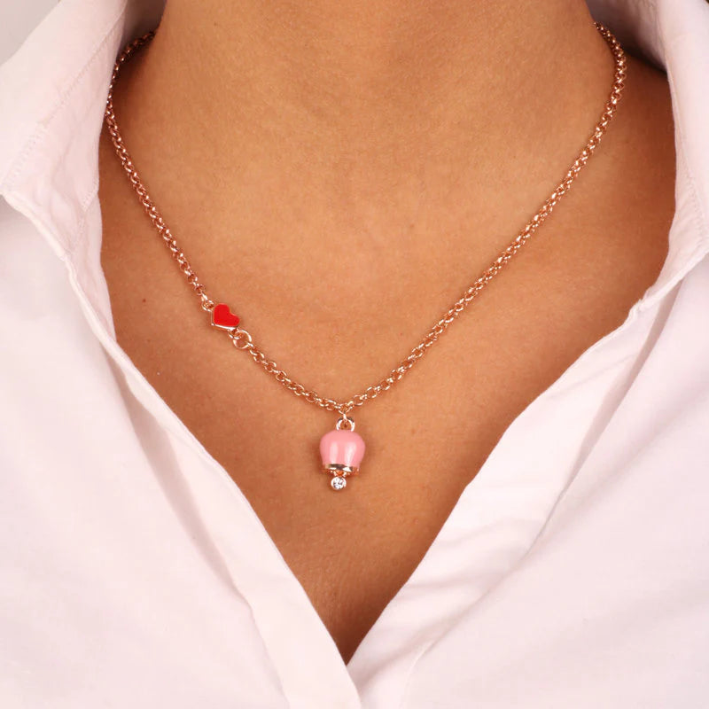 COLLANA IN METALLO ROSE' CAMPANELLA ROSA E CUORE