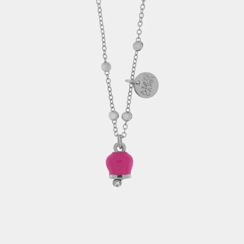 AMO CAPRI - COLLANA MINI IN METALLO RODIO CAMPANELLA FUCSIA