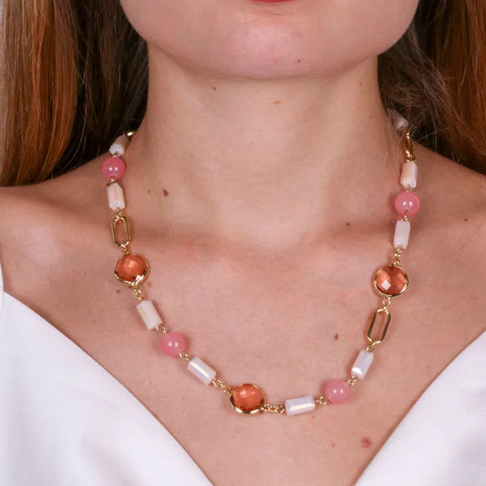 AMO VENEZIA - COLLANA IN METALLO CON CRISTALLIROSA E PERLE
