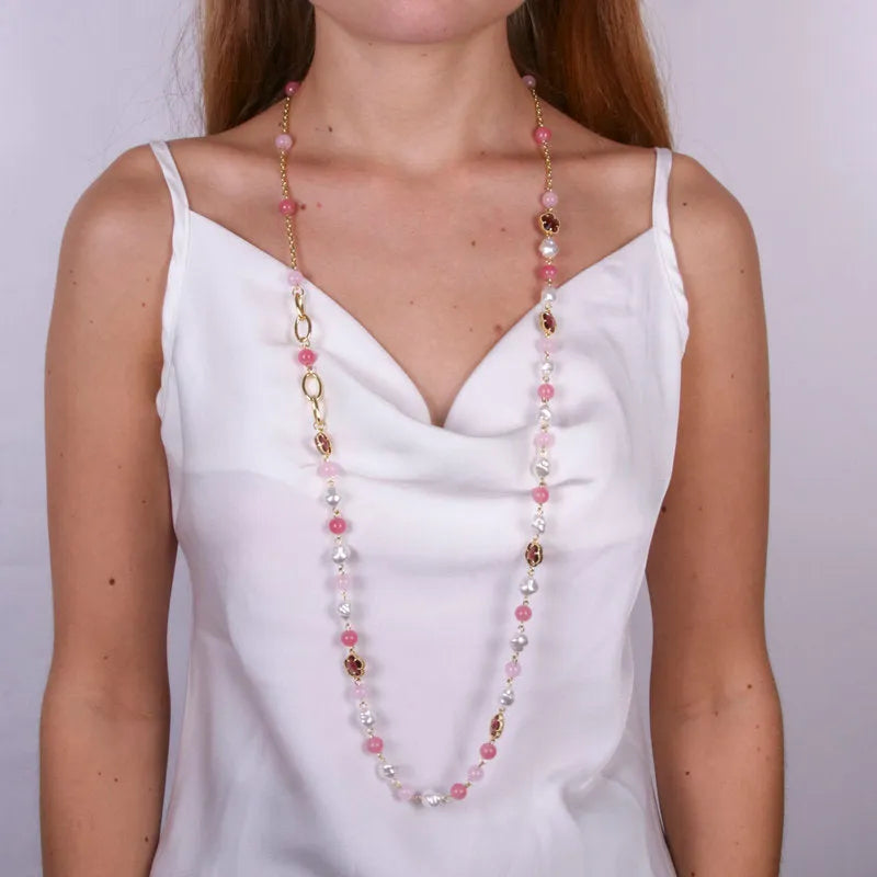 AMO VENEZIA - COLLANA IN METALLO CON CRISTALLI A FORMA DI FIORE ROSA E PERLE
