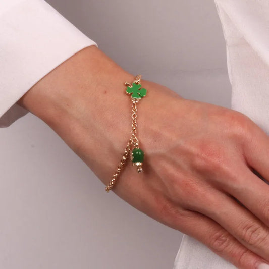 AMO CAPRI - BRACCIALE IN METALLO CON CAMPANELLA VERDE E QUADRIFOGLIO