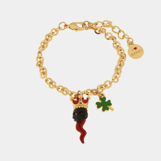 AMO NAPOLI - BRACCIALE IN METALLO CORNO ROSSO CON CORONA E MASCHERA