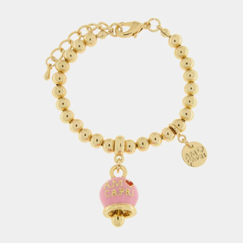 AMO CAPRI - BRACCIALE IN METALLO DORATO CON CAMPANELLA ROSA SCRITTA AMO CAPRI