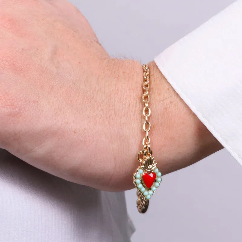 AMO NAPOLI - BRACCIALE METALLO DORATO CON CHARM CUORE SACRO TIFFANY E ROSSO