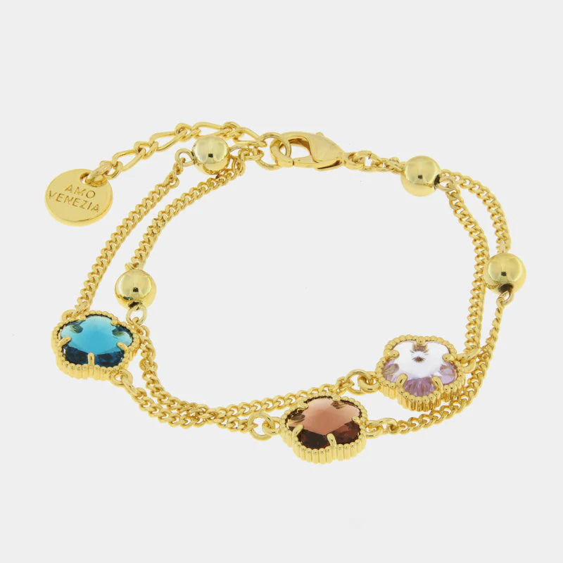 AMO VENEZIA - BRACCIALE METALLO DORATO CON CRISTALLI A FIORE COLORATI
