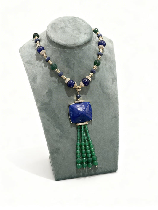 PABLO - BRASS GREEN AGATE BLUE QUARTZ NECKLACE