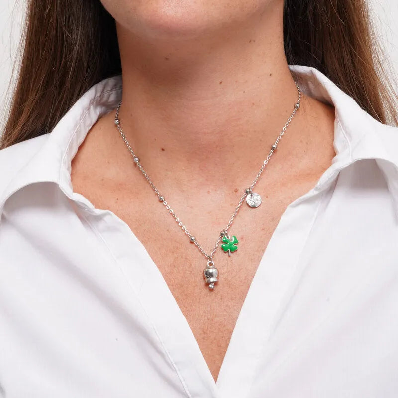 AMO CAPRI - COLLANA IN ACCIAIO CAMPANELLA E QUADRIFOGLIO VERDE