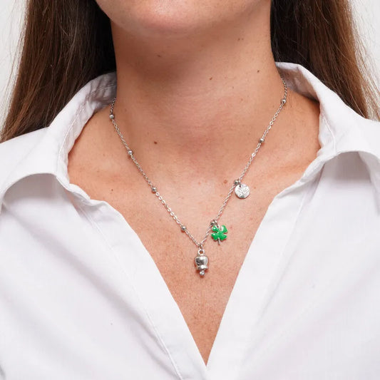 AMO CAPRI - COLLANA IN ACCIAIO CAMPANELLA E QUADRIFOGLIO VERDE