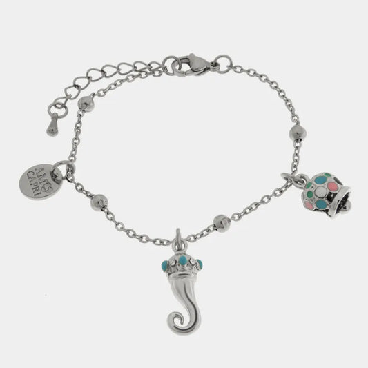 AMO CAPRI - BRACCIALE IN ACCIAIO CON CAMPANELLA POIS MULTICOLOR E CORNO