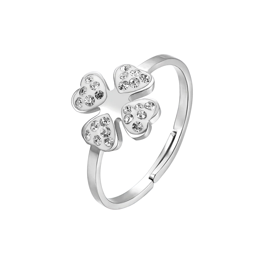 LUCA BARRA - ANELLO IN ACCIAIO CON QUADRIFOGLIO E CRISTALLI BIANCHI
