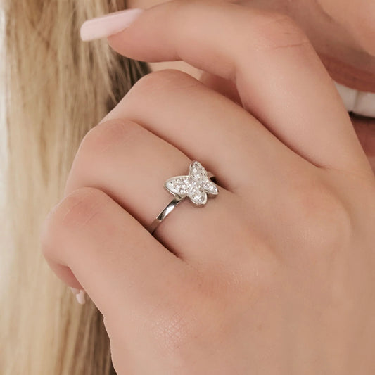 LUCA BARRA - ANELLO IN ACCIAIO CON FARFALLA E CRISTALLI BIANCHI