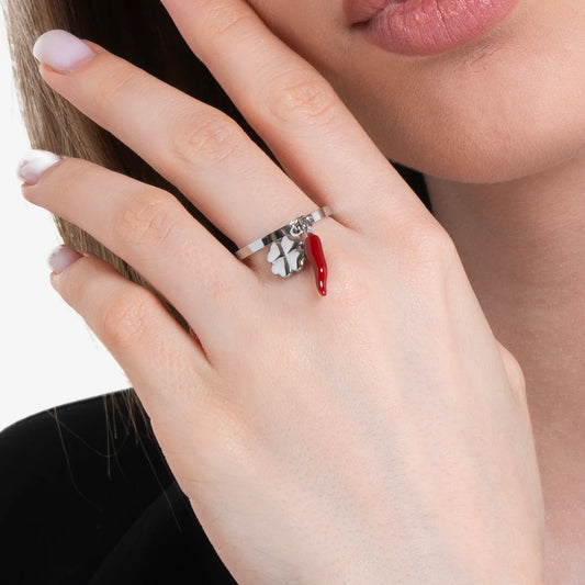 LUCA BARRA - ANELLO IN ACCIAIO CON CORNO ROSSO E QUADRIFOGLIO
