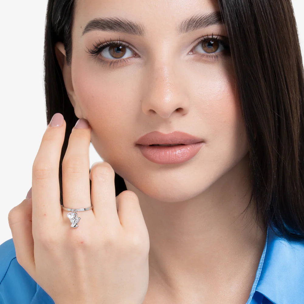 LUCA BARRA - ANELLO DONNA IN ACCIAIO CON ANGELO E ZIRCONE BIANCO
