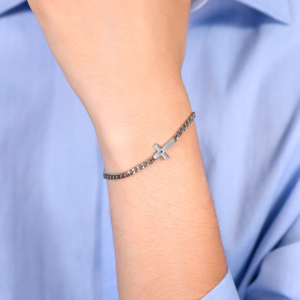 LUCA BARRA - BRACCIALE UOMO IN ACCIAIO CROCE E ZIRCONE NERO