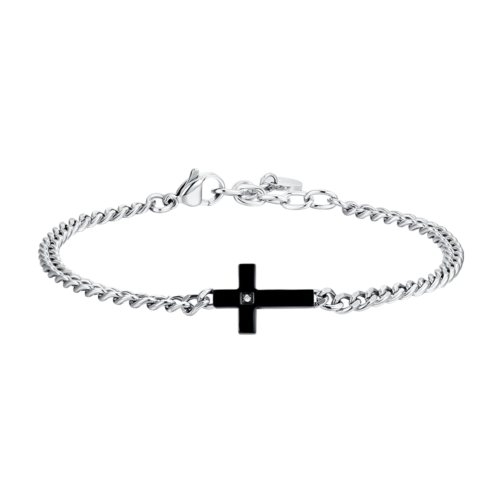 LUCA BARRA - BRACCIALE UOMO IN ACCIAIO CROCE IP BLACK E ZIRCONE BIANCO