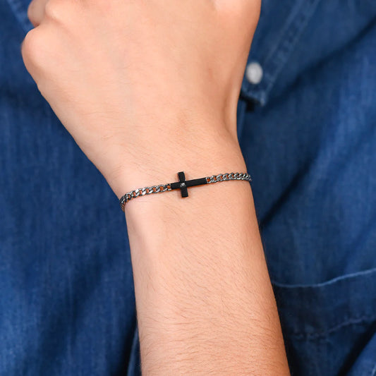 LUCA BARRA - BRACCIALE UOMO IN ACCIAIO CROCE IP BLACK E ZIRCONE BIANCO