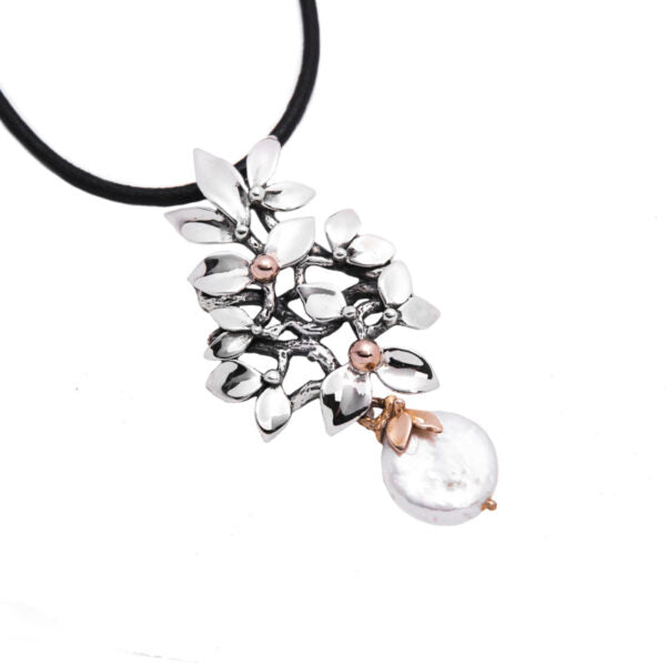 COLLANA CIONDOLO BOUQUET FIORI ARGENTO E BRONZO CON PERLA PENDENTE