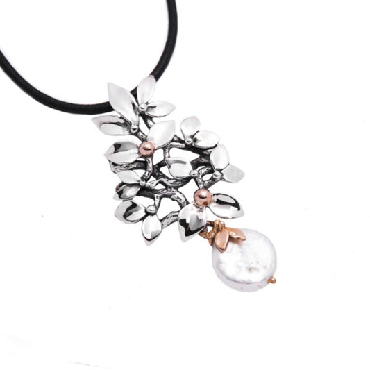 COLLANA CIONDOLO BOUQUET FIORI ARGENTO E BRONZO CON PERLA PENDENTE