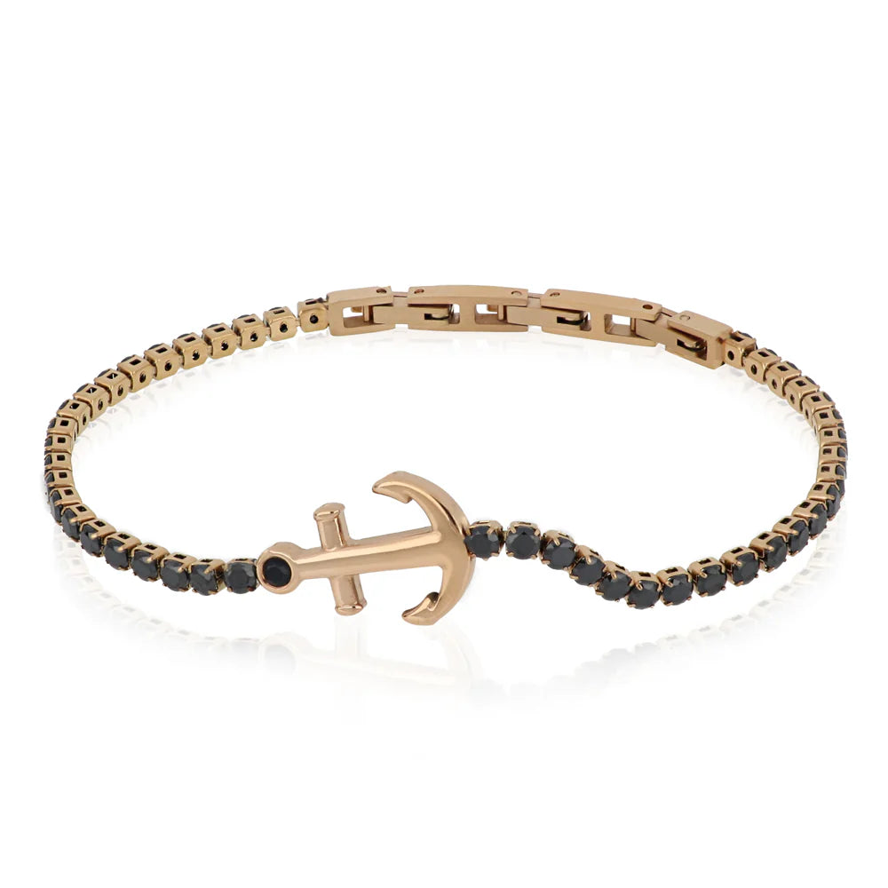 GOYATE' - BRACCIALE UOMO IN ACCIAIO ORO ROSE' CON ANCORA E CRISTALLI NERI