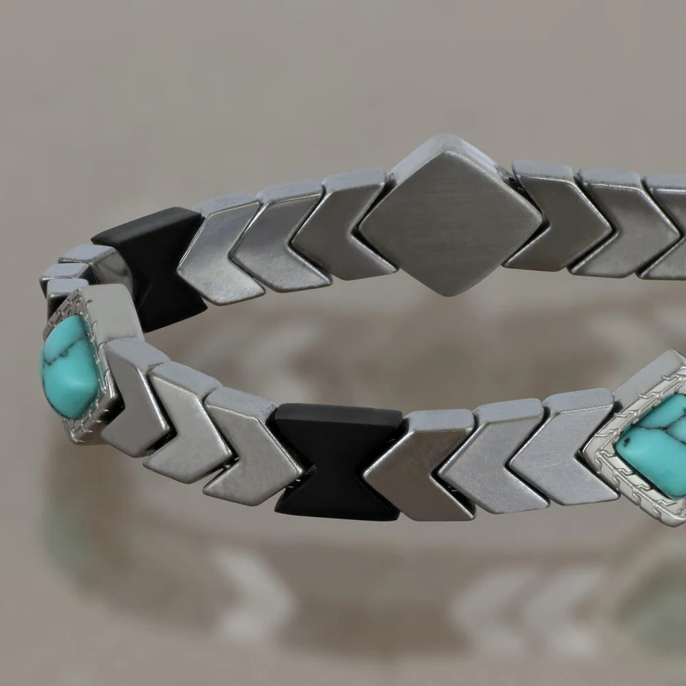 GOYATE' - BRACCIALE MAGLIA PIATTA IN EMATITE CON ROMBO IN PASTA DI TURCHESE E CERAMICA NERA