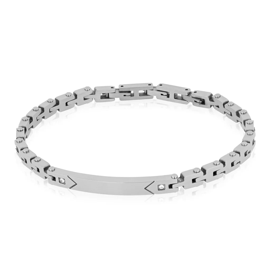 GOYATE' - BRACCIALE IN ACCIAIO CON PLACCHETTA E ZIRCONI LATERALI