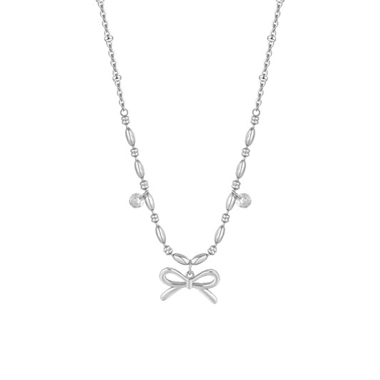 LUCA BARRA - COLLANA IN ACCIAIO IN ACCIAIO CON FIOCCO E ZIRCONI BIANCHI