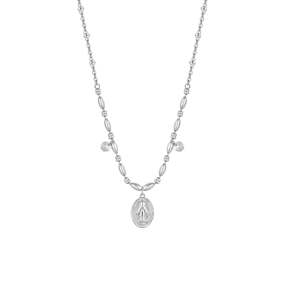 LUCA BARRA - COLLANA IN ACCIAIO CON MADONNINA MIRACOLOSA E ZIRCONI BIANCHI