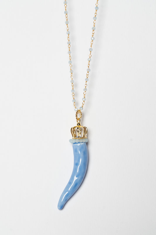 SICYLUI - COLLANA CORNO IN CERAMICA AVIO CON CORONA E CORALLINI AVIO