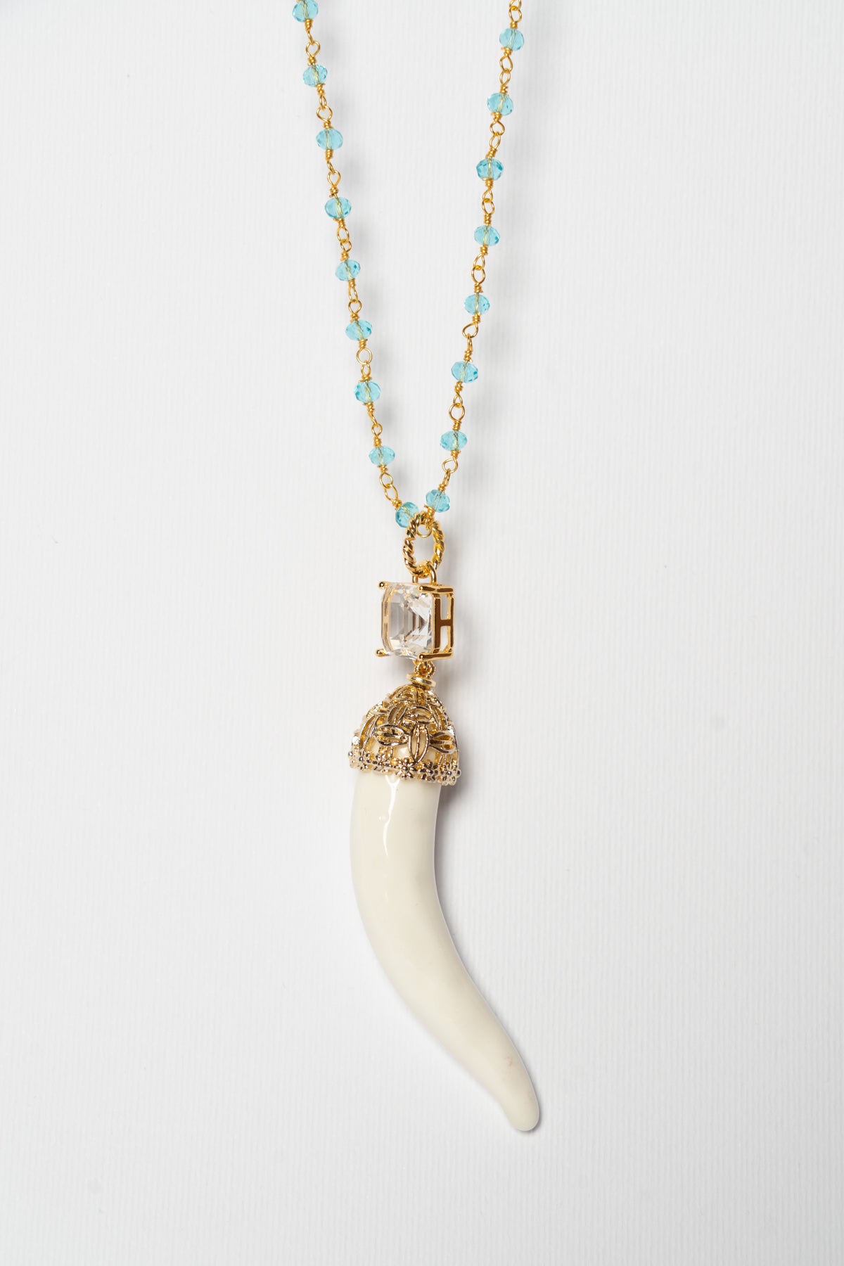 SICYLUI - COLLANA CORNO IN CERAMICA BIANCO CON CRISTALLO CENTRALE BIANCO