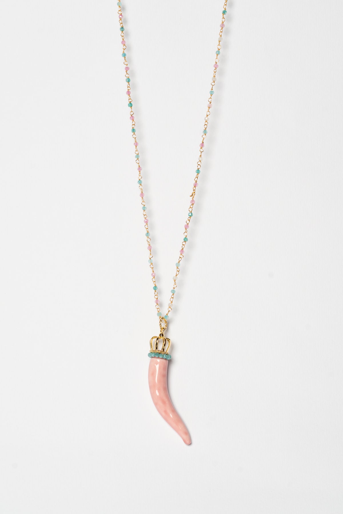 SICYLUI - COLLANA CORNO IN CERAMICA ROSA CON CORONA E CORALLINI TIFFANY E ROSA