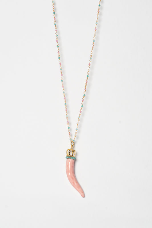SICYLUI - COLLANA CORNO IN CERAMICA ROSA CON CORONA E CORALLINI TIFFANY E ROSA