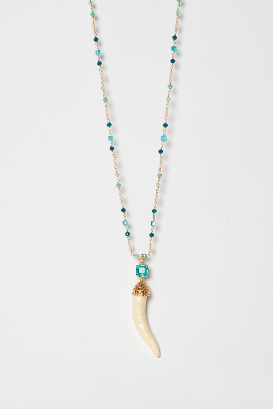 SICYLUI - COLLANA CORNO IN CERAMICA BURRO CON CRISTALLO CENTRALE TURCHESE
