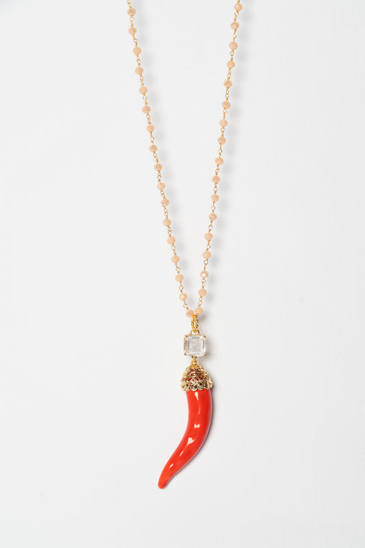 SICYLUI - COLLANA CORNO IN CERAMICA ROSSO CON CRISTALLO CENTRALE BIANCO